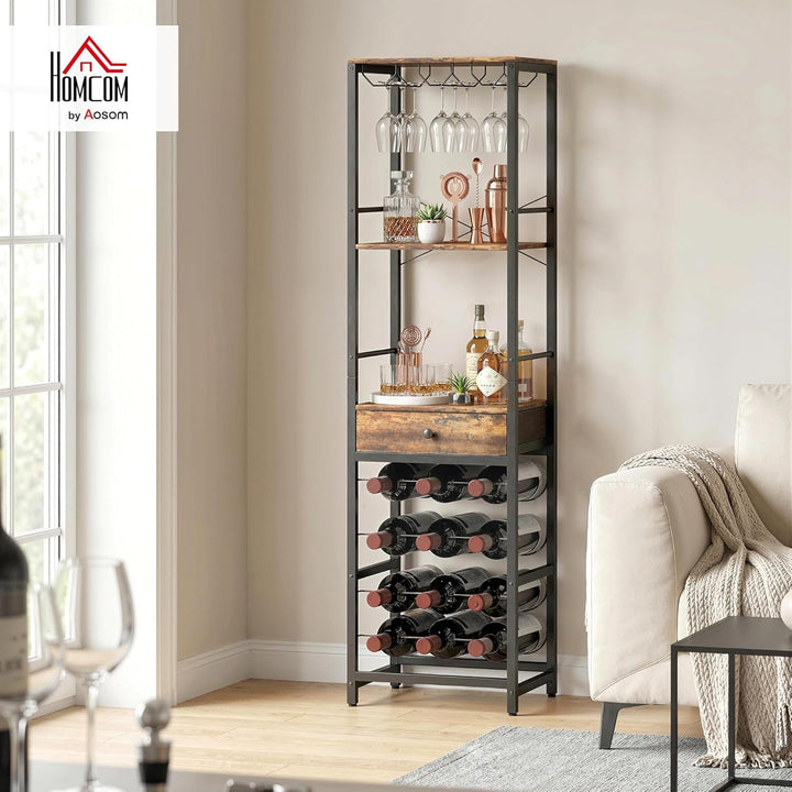 HOMCOM Weinregal Flaschenregal für 12 Weinflaschen, mit Glashalter und Schublade, Standregal, Weinha