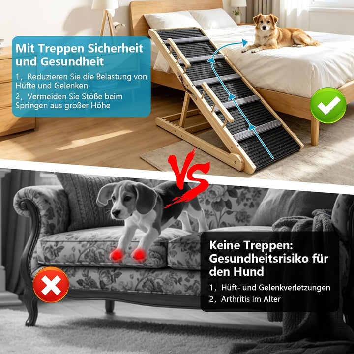 Hunderampe aus Holz, Hundetreppe 6 Stufen Verstellbar 29-66.5cm für Sofa Auto Bett, Treppe für Hunde