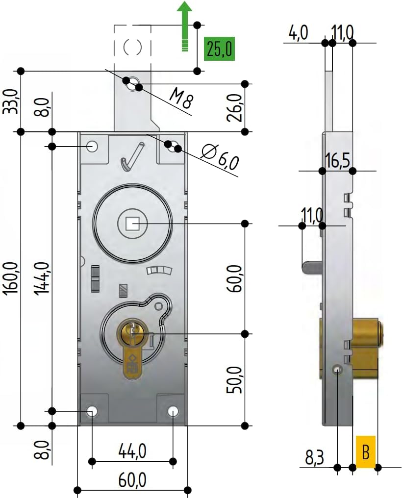 Schwingschloss/Garagenzylinder mit Euro-Profil Achsabstand 60 mm, Griff aus Masse