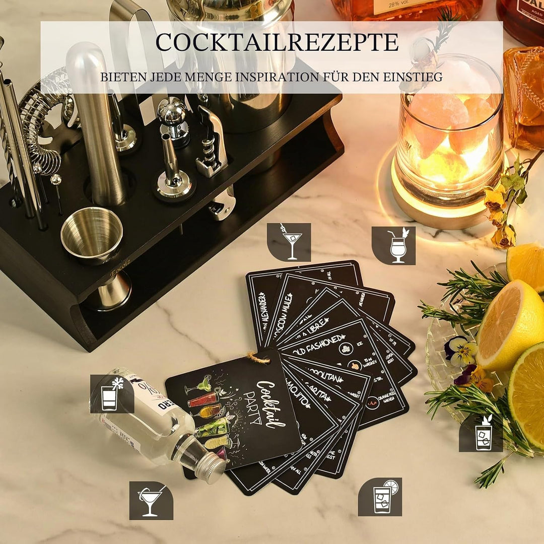 Cocktail Shaker Set mit Bambus Ständer & Rezeptbuch, Edelstahl 750ml Bar Cocktailset Cocktailshaker