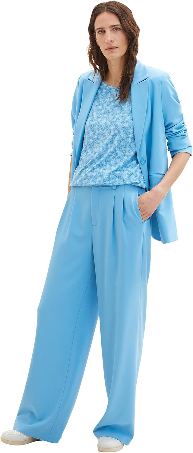 TOM TAILOR Damen T-Shirt mit Muster L 32819 - Blue Overlayed Leaf Design, L 32819 - Blue Overlayed L
