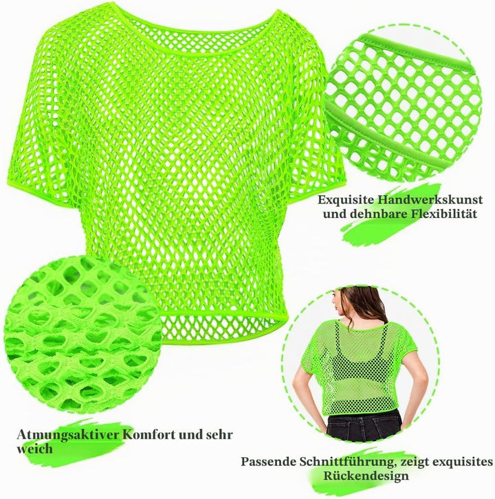 WILDPARTY 80er 90er Jahre Outfit Damen, Netzoberteil, Mesh Oberteil, Neon Shirt Aerobic Kostüm Sexy,