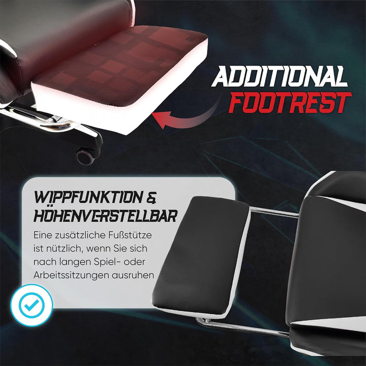 xRace Gaming-Stuhl Hoher Drehstuhl aus Leder mit Lendenwirbelstütze, Kopfstütze und Fussstütze, vers
