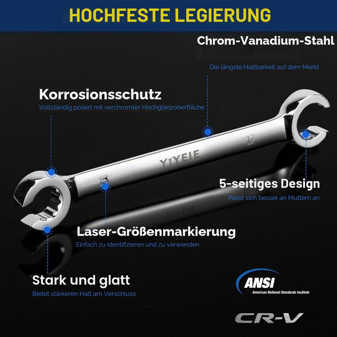 YIYEIE Bremsleitungsschlüssel Set 5-tlg I 9-21mm Offener Ringschlüsse I Chrom-Vanadium Stahl mit Las