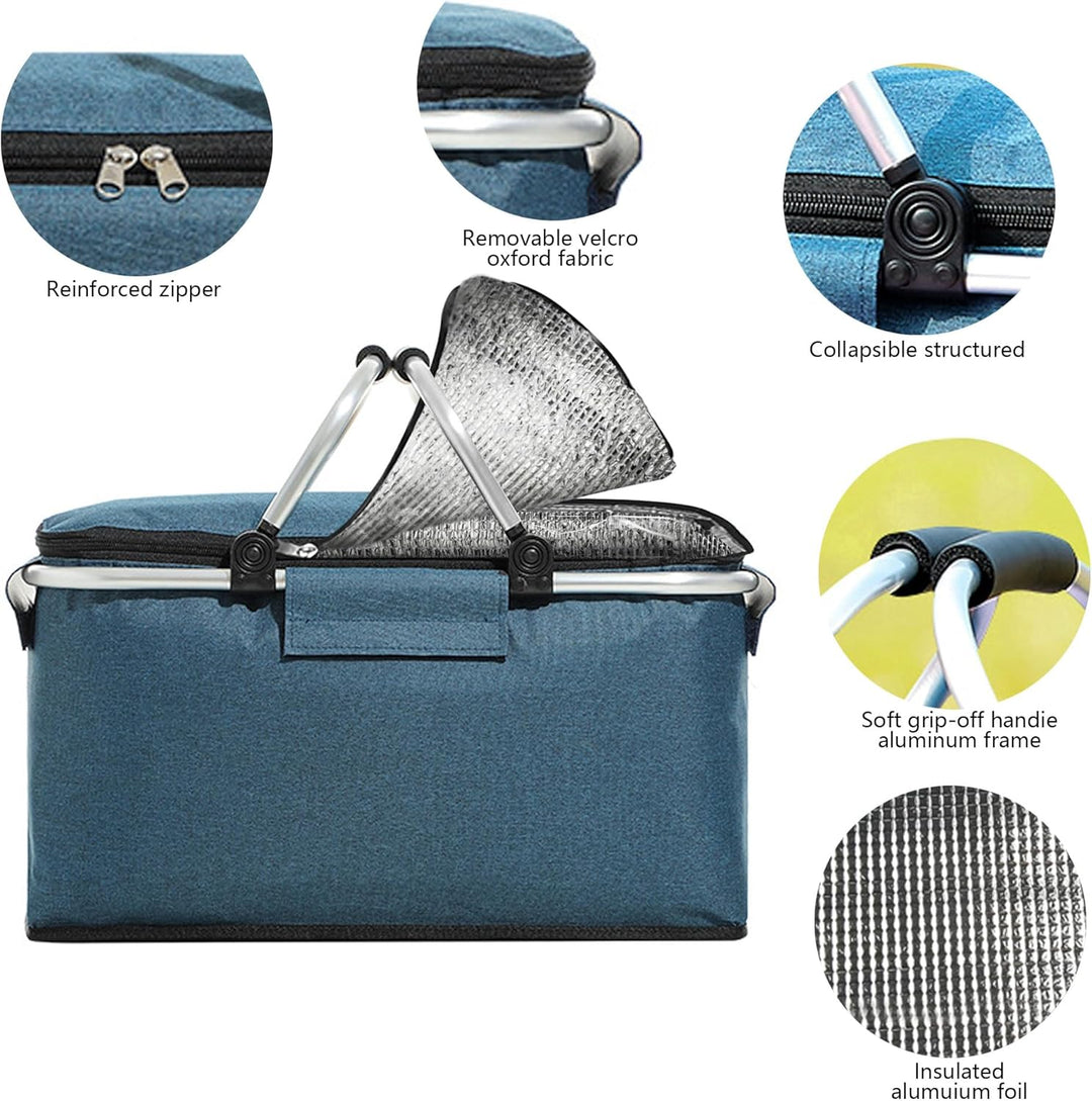 JXCTNNU Picknickkorb 25L Einkaufskorb Faltbar Gross Picknickkorb Kühlkorb Einkaufskorb mit Deckel Tr