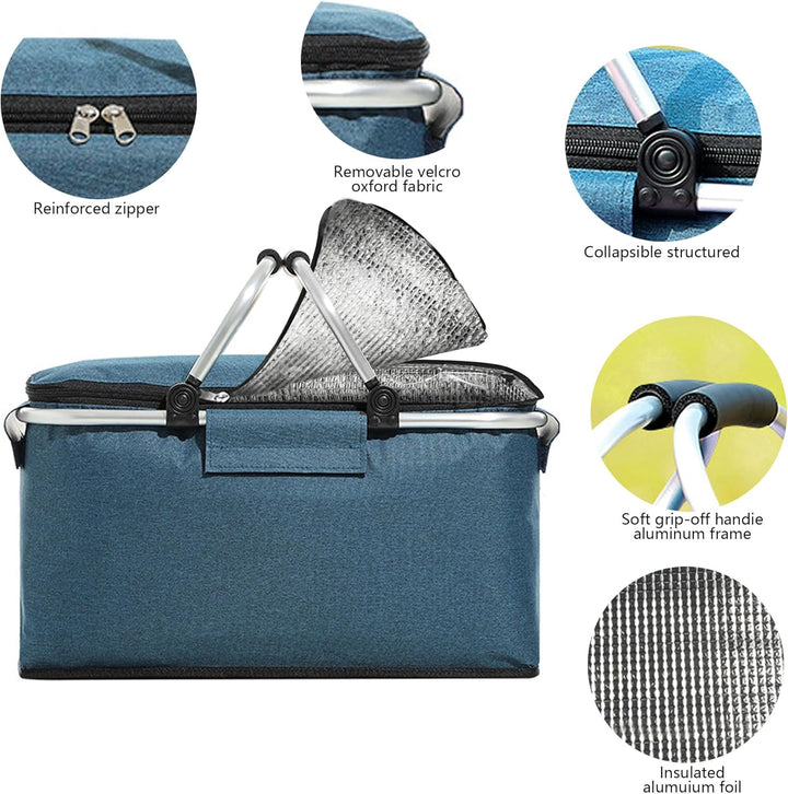 JXCTNNU Picknickkorb 25L Einkaufskorb Faltbar Gross Picknickkorb Kühlkorb Einkaufskorb mit Deckel Tr