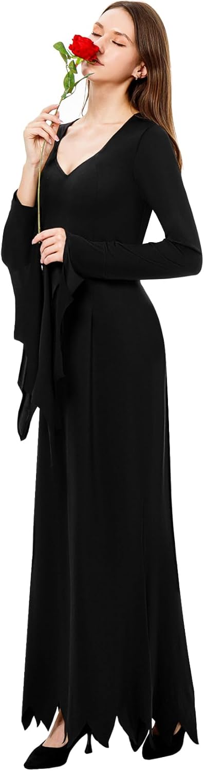 Joykindom Damen Morticia Addams Kostüm Karneval Hexenkleid Gothic Addams Kostüm Schwarz Lange Kleid