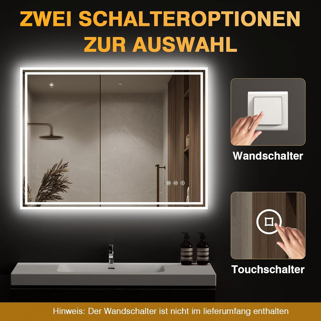 LED Badspiegel mit Beleuchtung, Beleuchteter Badezimmerspiegel mit 3 Lichtfarben, Dimmbar, Anti-Besc