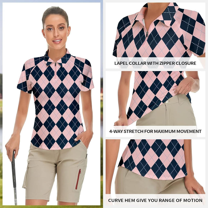 Soneven Atmungsaktiv Poloshirt Damen Leichtes Sportshirt Tailliert Karierte Bluse UPF 50+ Kurzarm 1/
