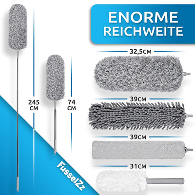 FusselZz® dust it Staubwedel teleskop waschbar [GROssES Set] – lang ausziehbar bis 2,45 m – Spinnweb