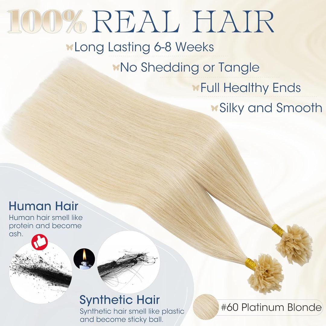 Elailite Extensions Echthaar Bonding 0.5g/s 60cm #60 Platinblond U Tip Hair Extensions Keratin 100 S