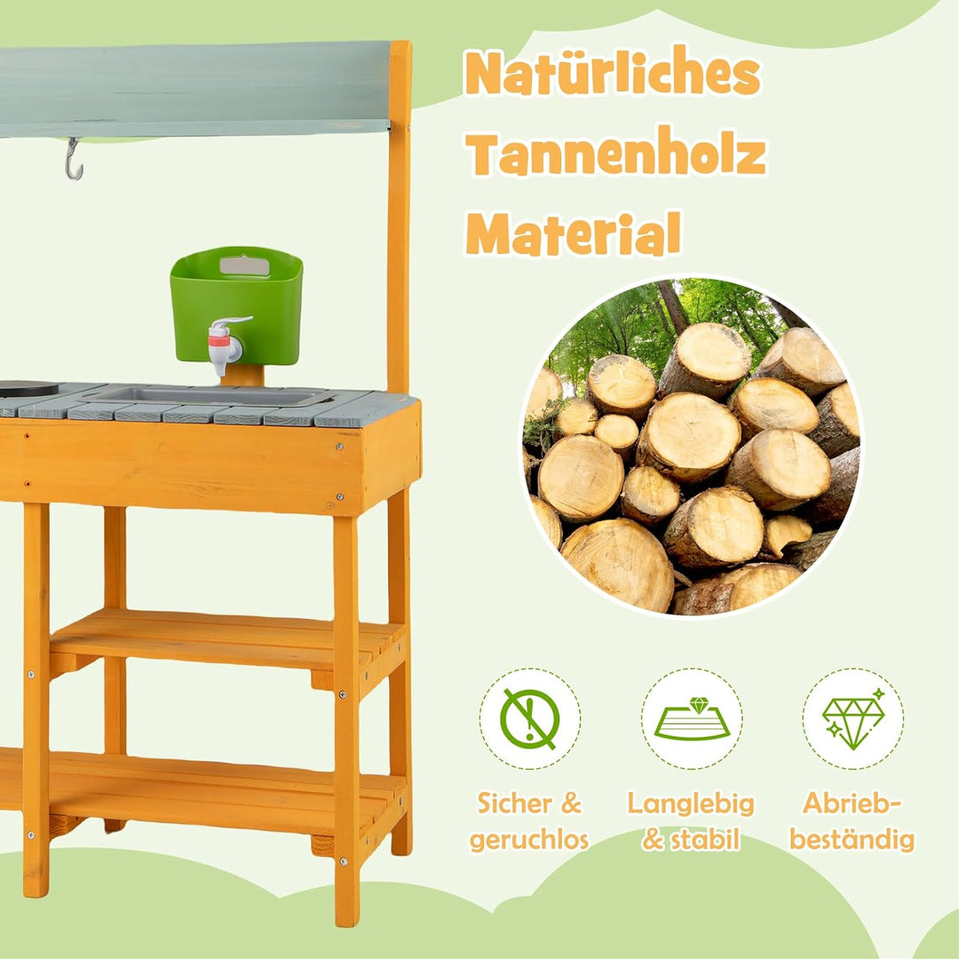 DREAMADE Matschküche Kinder Outdoor, Kinderküche mit Wassertank, Wasserhahn, Herd & abnehmbarem Rega