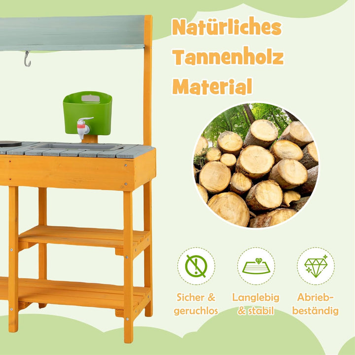 DREAMADE Matschküche Kinder Outdoor, Kinderküche mit Wassertank, Wasserhahn, Herd & abnehmbarem Rega