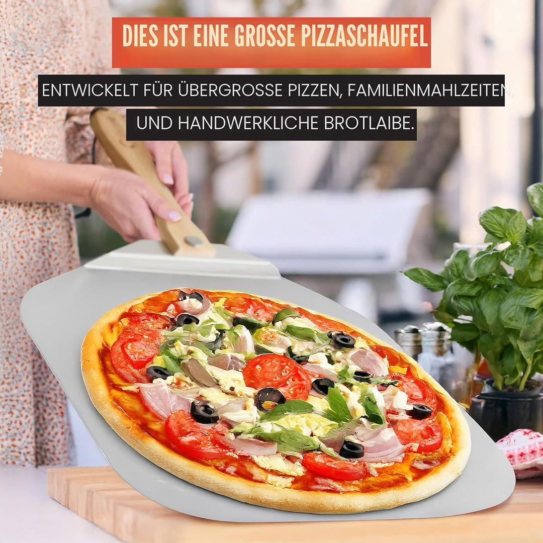 Chef Pomodoro Pizzaschieber mit einklappbarem Holzgriff - Hochwertige Pizzaschaufel aus Aluminium -