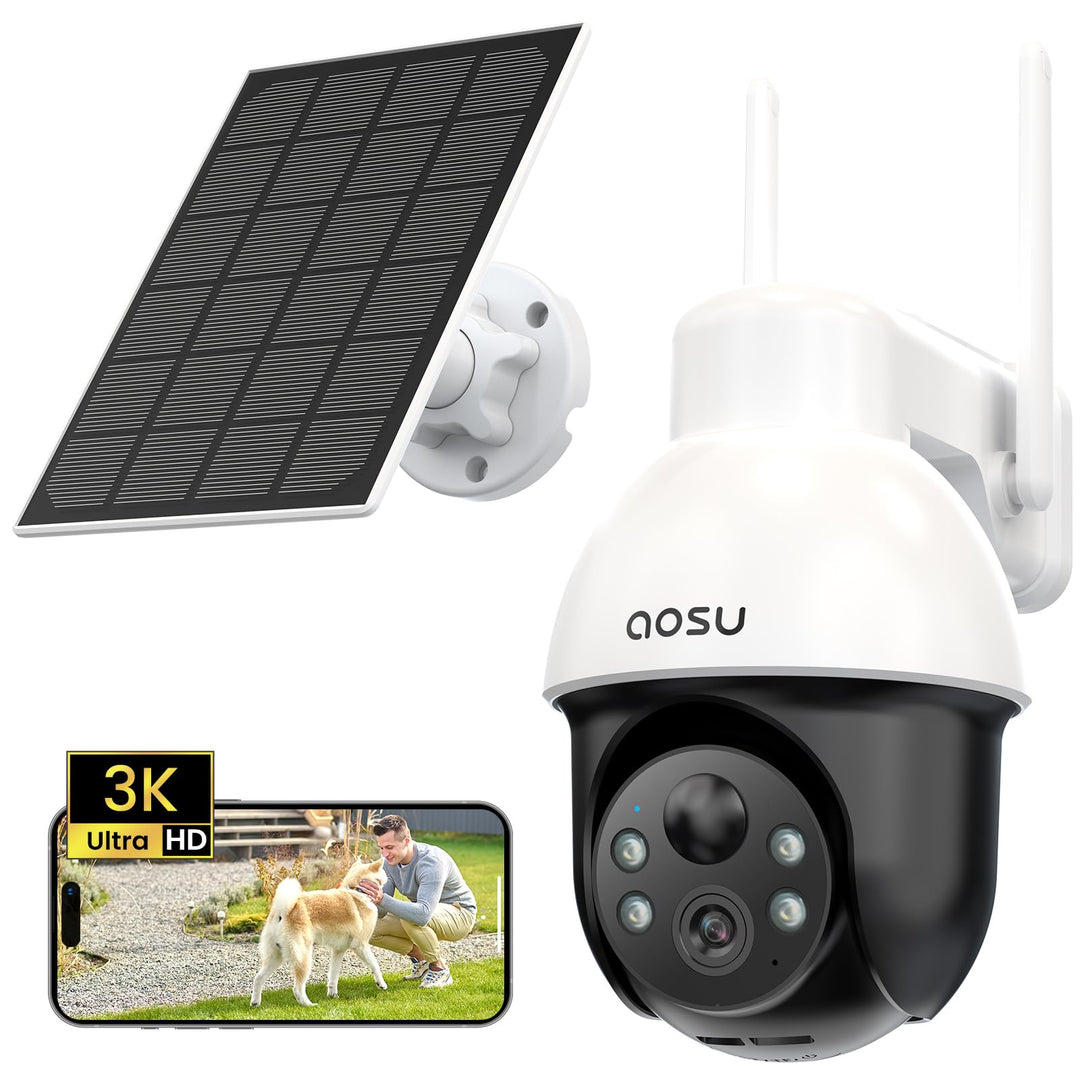 AOSU 3K Überwachungskamera Aussen Solar, 5MP WLAN Kabellose Überwachungskamera für Haussicherheit, P