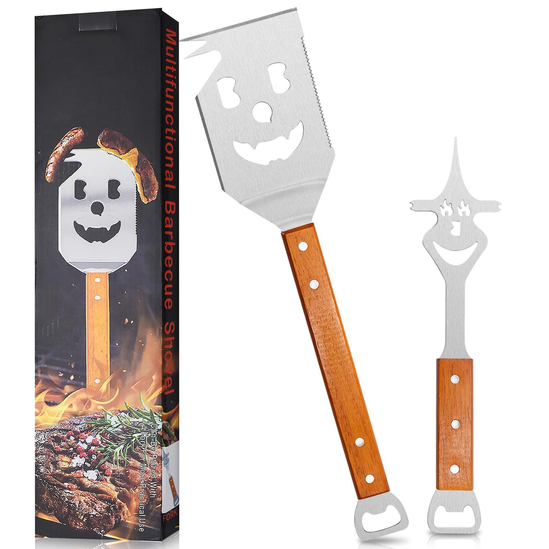 7 in 1 Multifunktion Grillbesteck Set, 2 Stück Edelstahl Grillspachtel für Barbecue Grill mit Holzgr