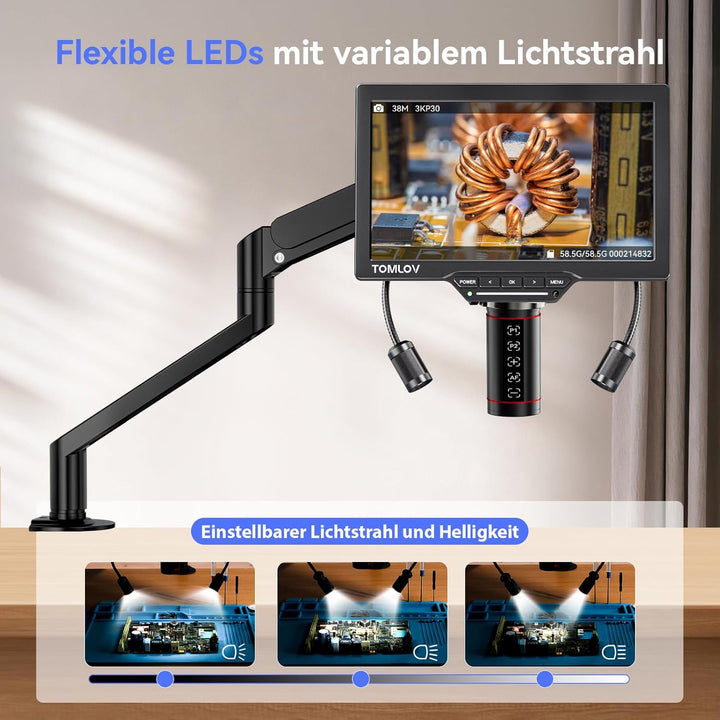 TOMLOV TM3K-AF Flex Autofokus Mikroskop Digital: HDMI IPS Münzvergrösserer mit Gen 6 Flex Arm & Verb