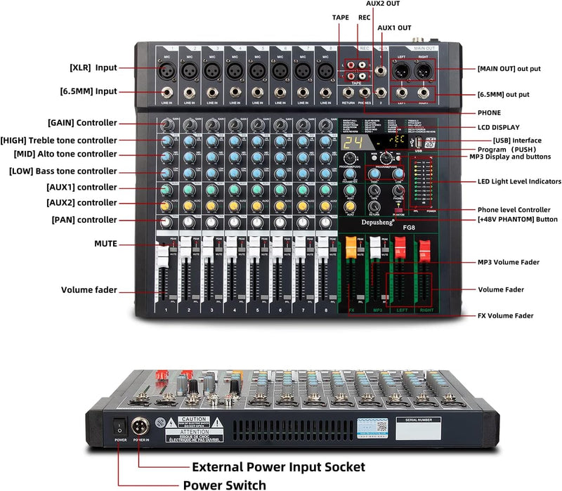 Depusheng FG8 Professioneller 8-Kanal-Audio-Mixer für Computeraufnahmen, Sound-Controller-Schnittste