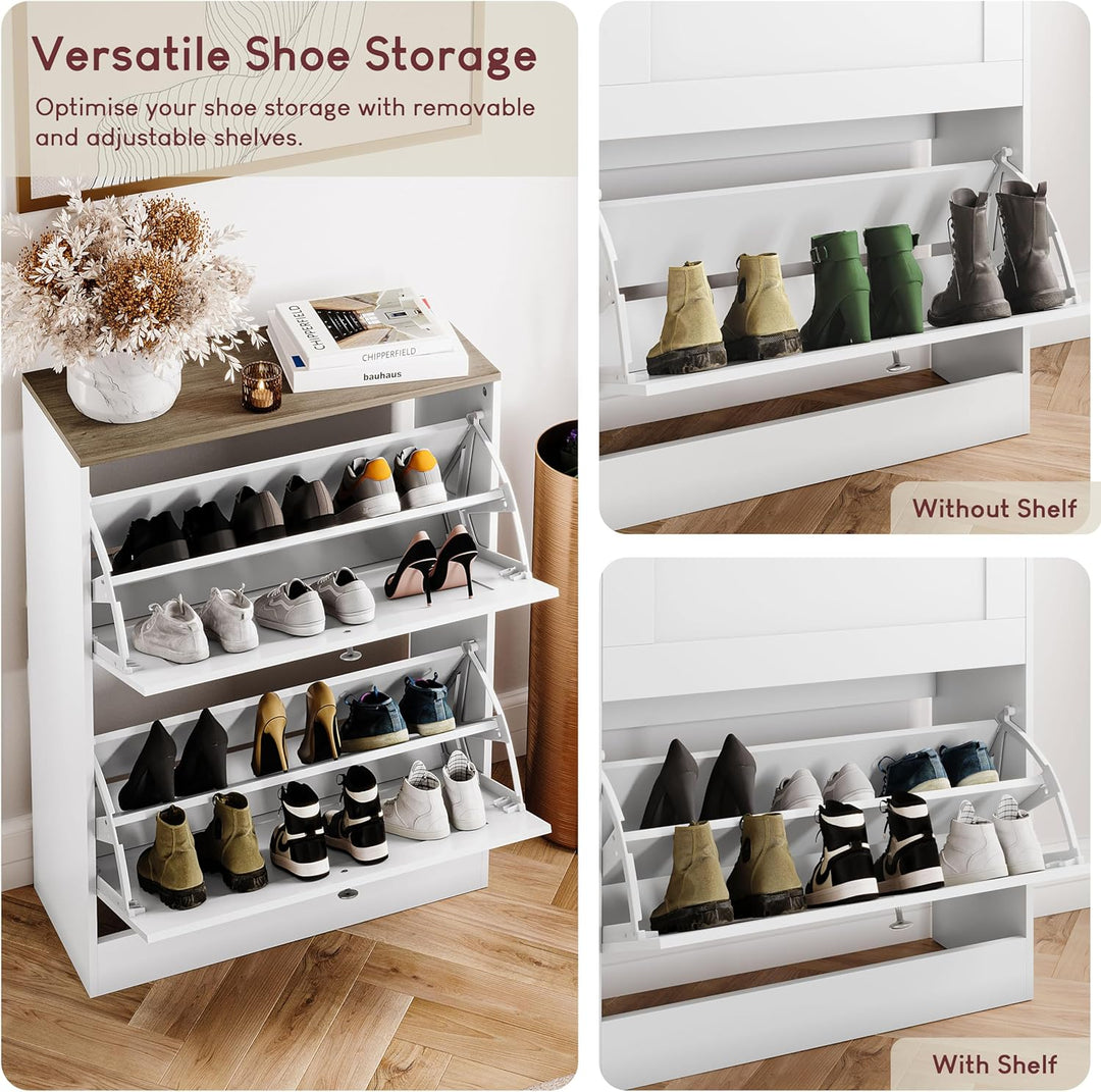 Vida Designs Schuhkipper mit 2 Klappen | 80 H x 58 B x 23.5 T cm | Weiss/Eiche | Platzsparender Schu