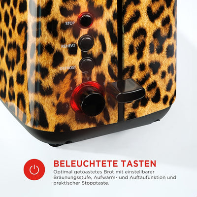 Bourgini Panther Toaster - Stilvoller Brotröster mit Panther-Print, 2 Scheiben, Extra breite Schlitz