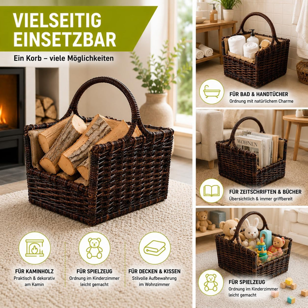Kobolo Holztrage Holzkorb für Kaminholz - aus Rattan mit abnehmbaren, 51x40x28