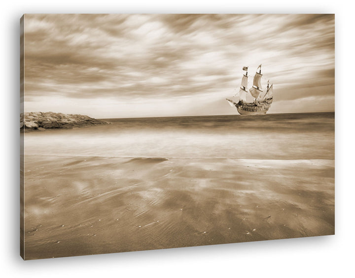 Segelschiff im blauen Meer an der Küste Format: 80x60 Effekt: Sepia als Leinwandbild, Motiv fertig g