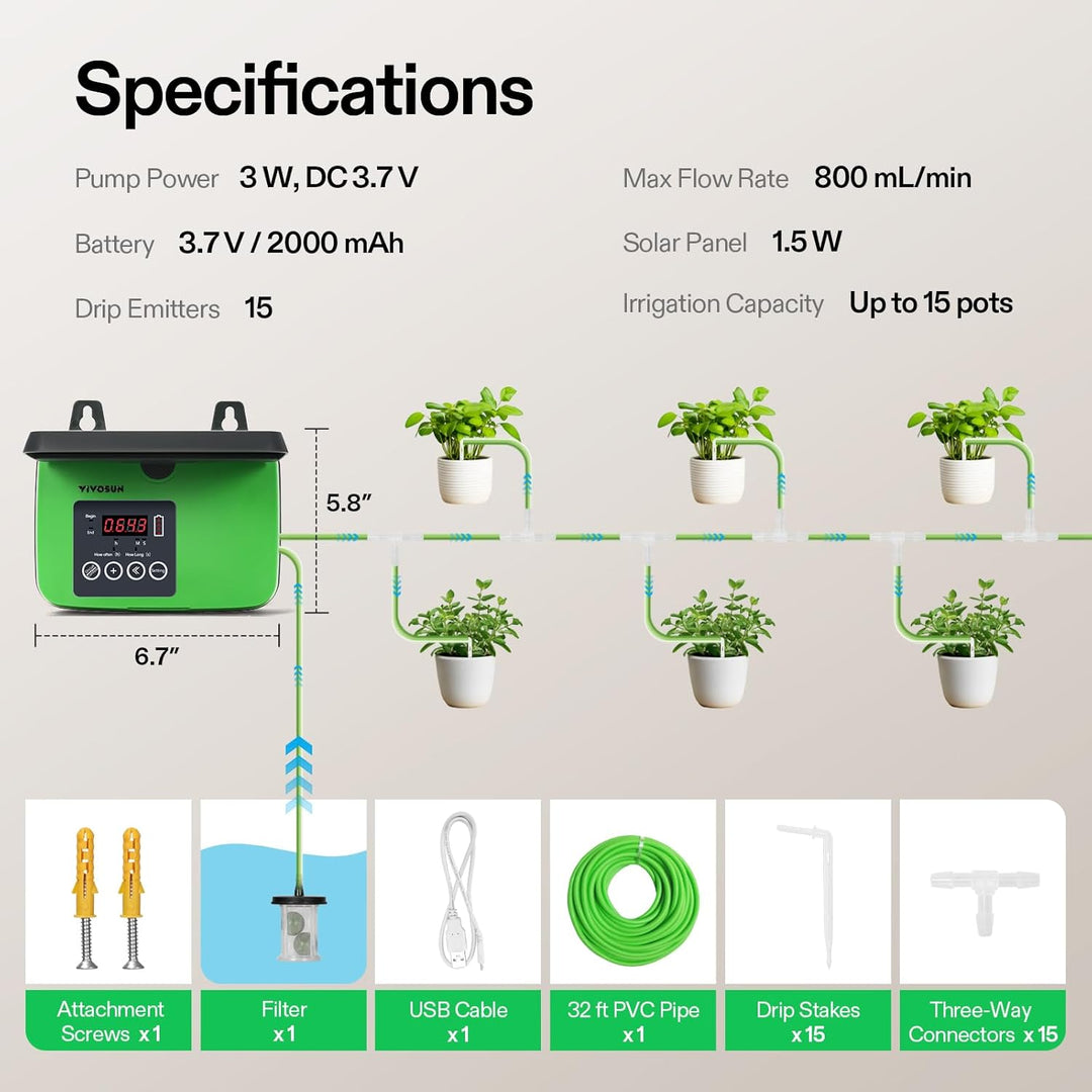 VIVOSUN Solar Automatische Tropfbewässerung Set mit Zeituhr, 3W Ausgang, Solarbetriebenes Bewässerun