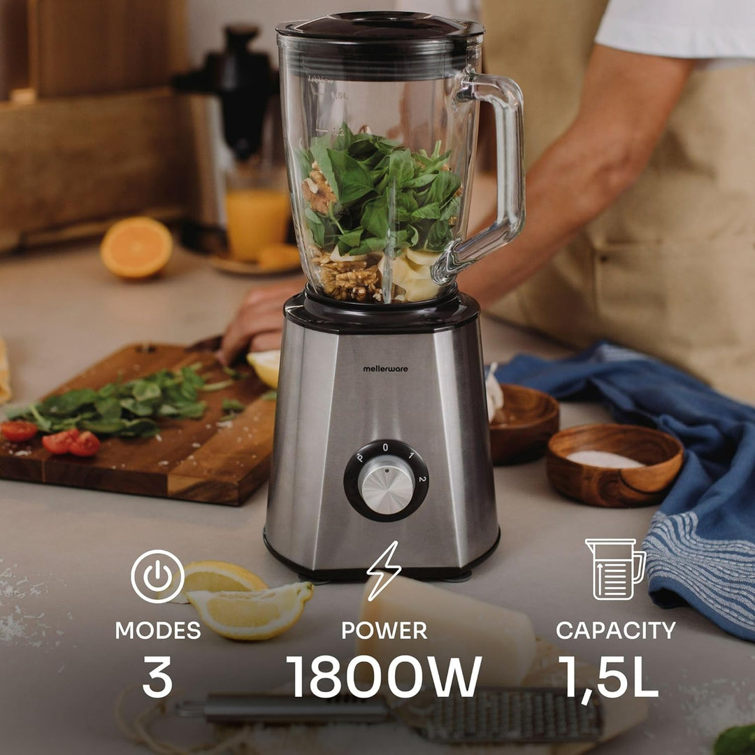 Mellerware Mixy! 1500 W | Glaskanne mit 1,5 l | 2 Geschwindigkeiten + Turbo | professioneller Lebens