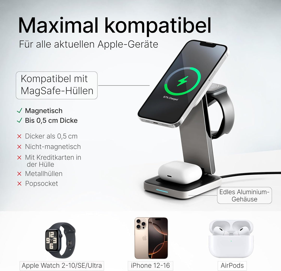 3-in-1 MagSafe Ladegerät – hochwertiges Aluminium – Kabelloses Ladegerät für iPhone, Apple Watch und