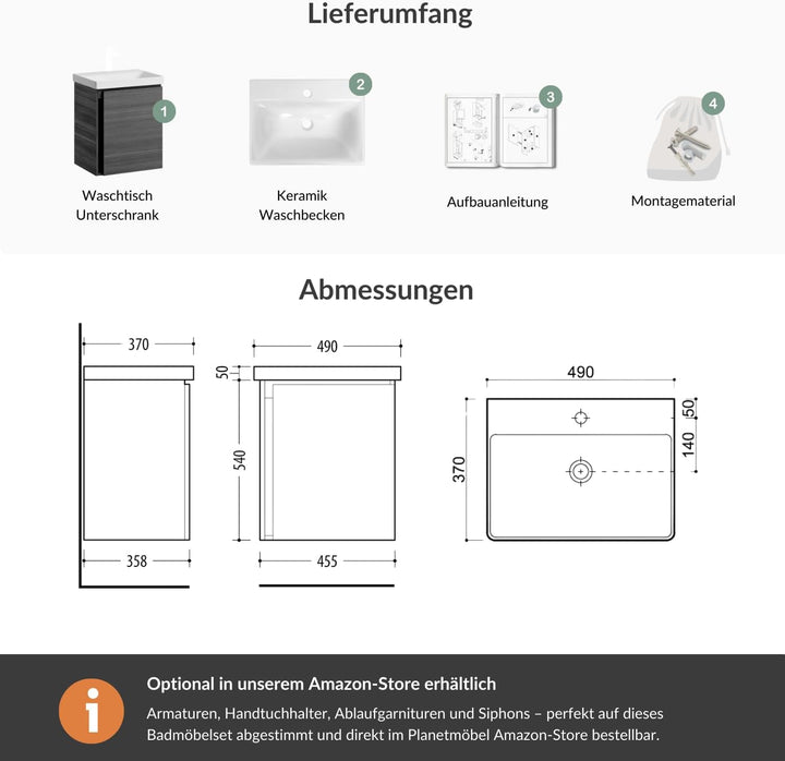 Planetmöbel Waschtisch mit Unterschrank 50 cm, Waschbeckenunterschrank hängend, Soft-Close, Badmöbel