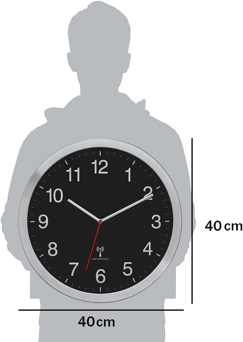 TFA Dostmann Wanduhr XL, 60.3545.01, analoge Funk Uhr, gut ablesbar, mit Sekundenzeiger, schwarz Sil
