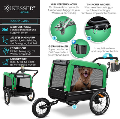 KESSER® Hundeanhänger Boxer 3-in-1 Hundebugg & Jogger Fahrradanhänger gross ca. 240 Liter Volumen, g