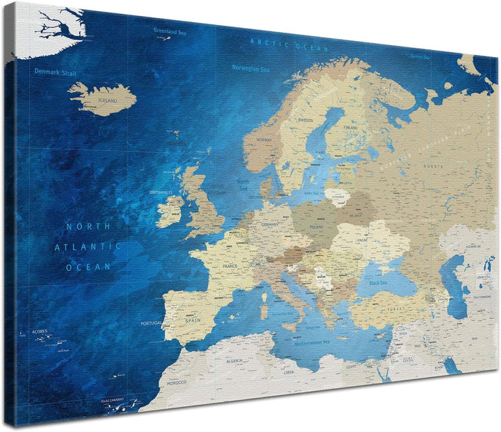 LANA KK - Europakarte Leinwandbild mit Korkrückwand zum pinnen der Reiseziele – englisch - Europa Me