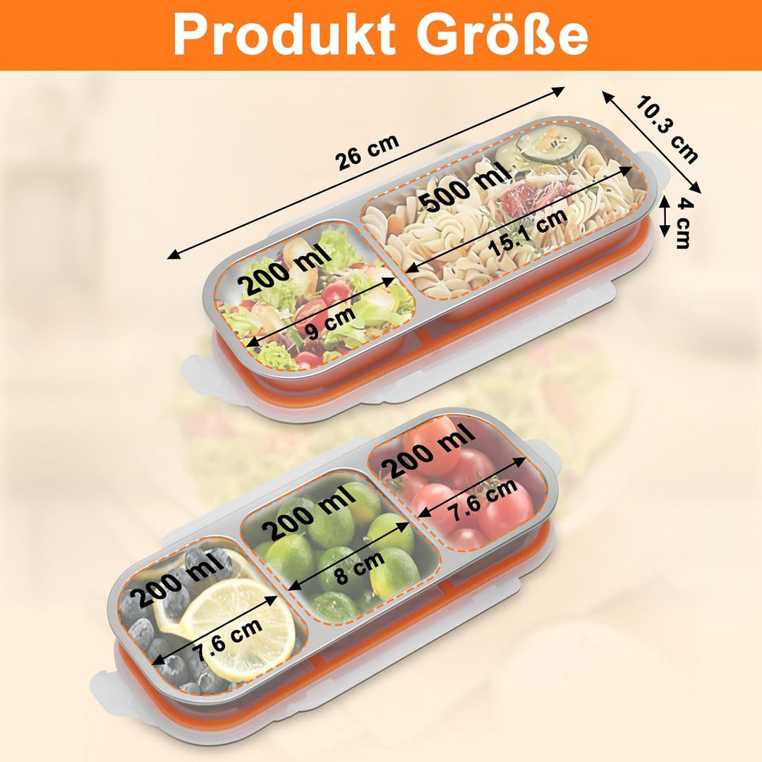 Snackbox mit Fächern Edelstahl: 2 Stück Auslaufsicher Snackdose mit Deckel(600ml+700ml)-Tragbare Bro
