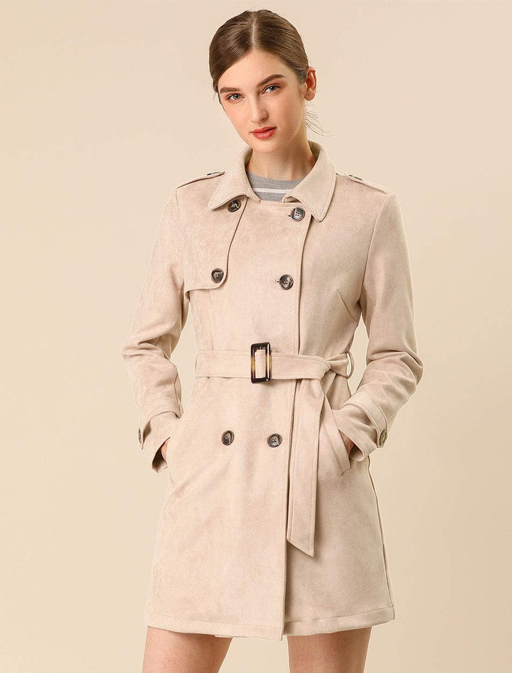 Allegra K Damen Trenchcoat Langarm Zweireiher Faux Wildleder Mantel Wintermantel M aprikose, M aprik