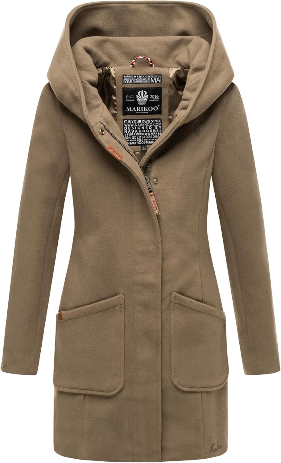 MARIKOO Damen Mantel in Wollmantel-Optik Warmer Trenchcoat mit Kapuze Maikoo XS-5XL XL Stone Brown,