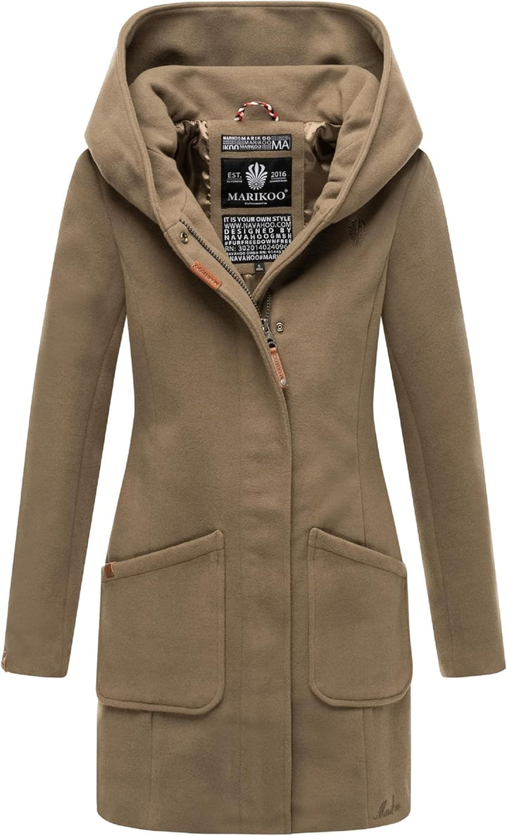 MARIKOO Damen Mantel in Wollmantel-Optik Warmer Trenchcoat mit Kapuze Maikoo XS-5XL XL Stone Brown,