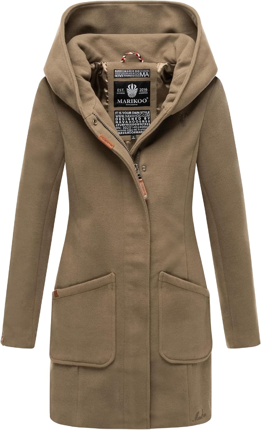 MARIKOO Damen Mantel in Wolloptik Warmer Trenchcoat mit Kapuze Maikoo XS-5XL, S Stone Brown