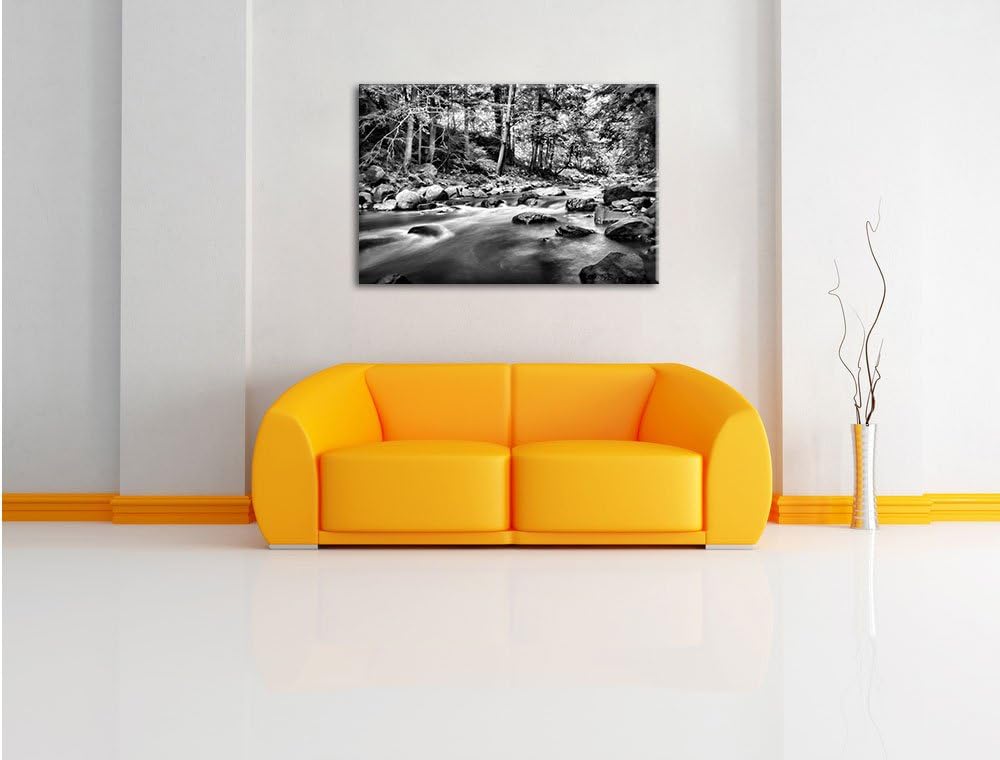 Pixxprint Fluss mit Steinen als Leinwandbild/Grösse: 100x70 cm/Wandbild/Kunstdruck/fertig bespannt,