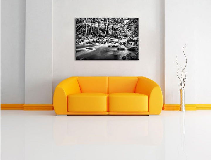 Pixxprint Fluss mit Steinen als Leinwandbild/Grösse: 100x70 cm/Wandbild/Kunstdruck/fertig bespannt,