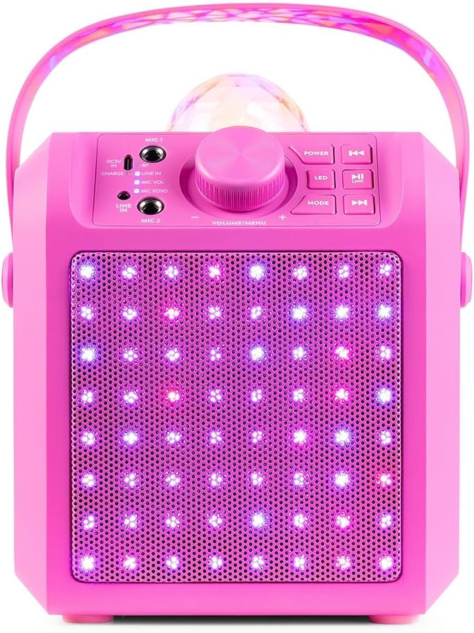 Fenton KAR55P – Musikbox Kinder Karaoke Anlage mit 2 Mikrofonen, Jelly Ball LED-Discolicht, Bluetoot