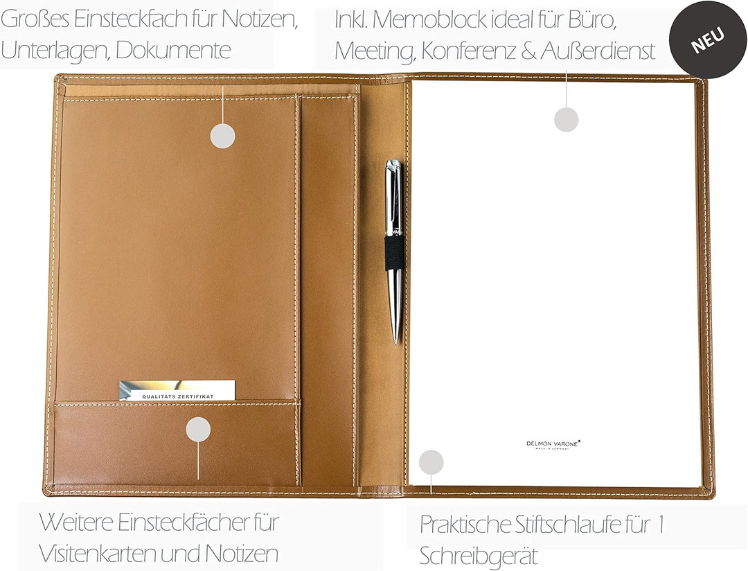 DELMON VARONE - Personalisierbare Schreibmappe DIN A4 aus Cambridge Top Grain Leder braun, Organizer
