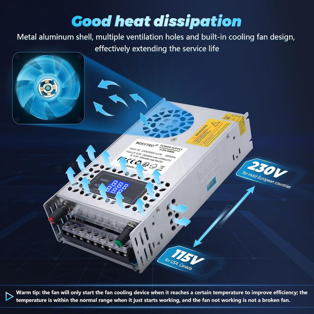 BOSYTRO Einstellbar Schaltnetzteil AC 110V/220V to DC 0-24V Transformator 25A 600W Spannung Digitala