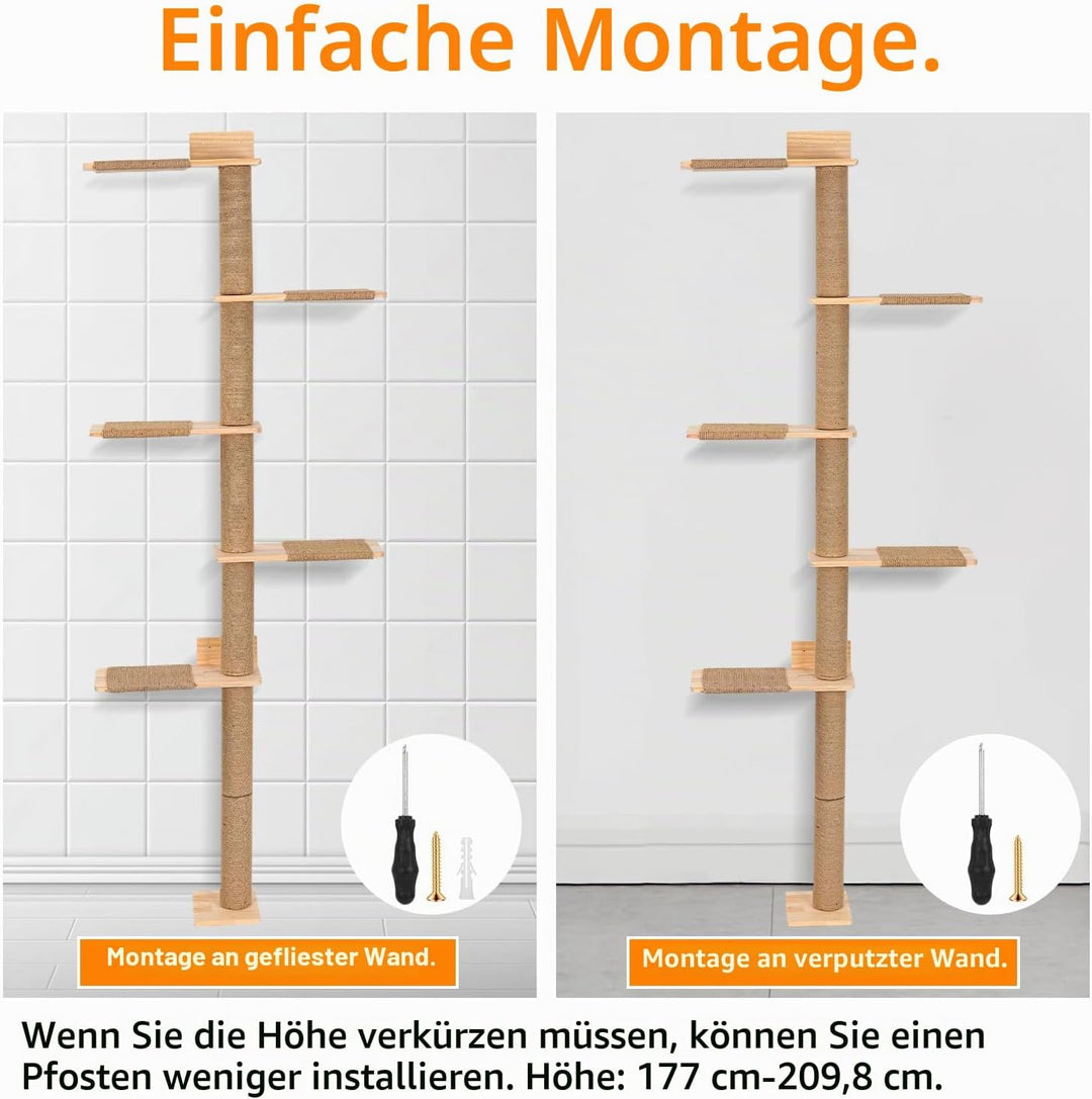 Kratzbaum Gross 205cm Kletterwand Katzen, höhenverstellbar, 5 Etagen Katzenturm mit Sisalauflage aus