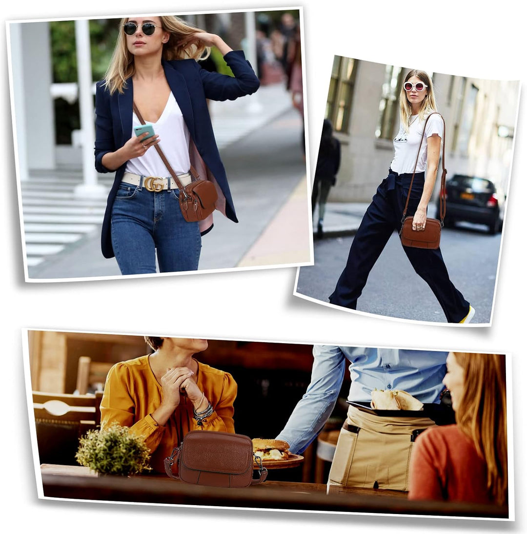 HAWEE Damen Handy Umhängetasche Echtes Leder Crossbody Schultertasche mit 3 Reissverschlüsse Kleine