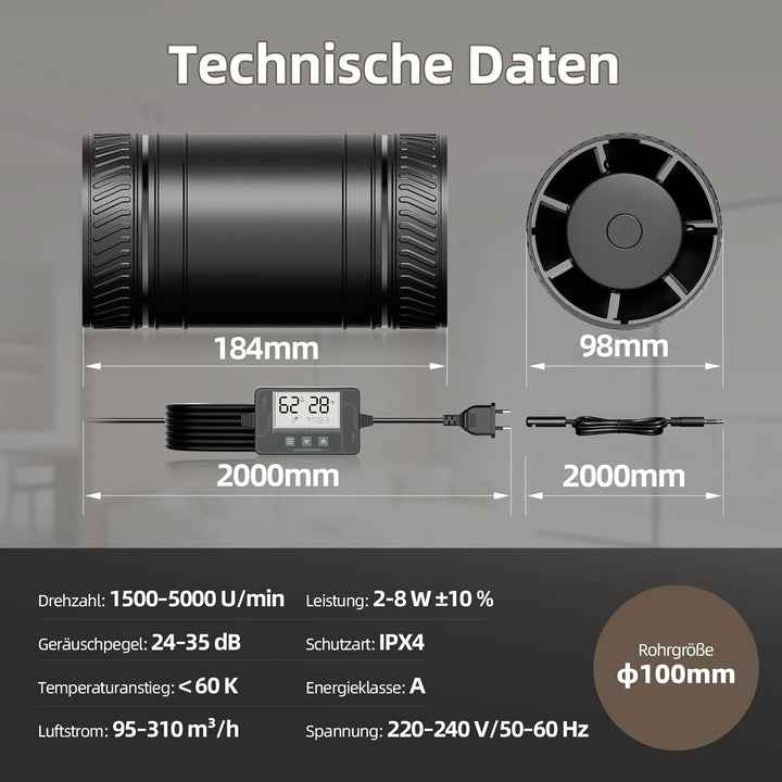 Rohrlüfter 100mm mit Feuchtigkeitssensor Temperatursensor Timer Automatische Belüftung, 95-310m³/h 6