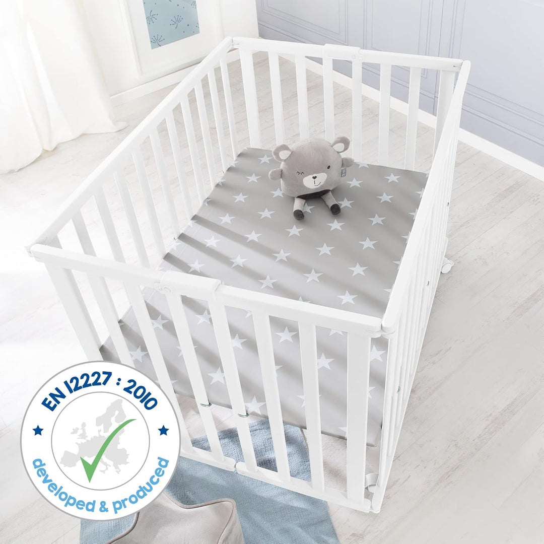 roba Laufgitter klappbar, Holz weiss, mit Einlage Little Stars, 74x100 cm, platzsparendes Spielgitte