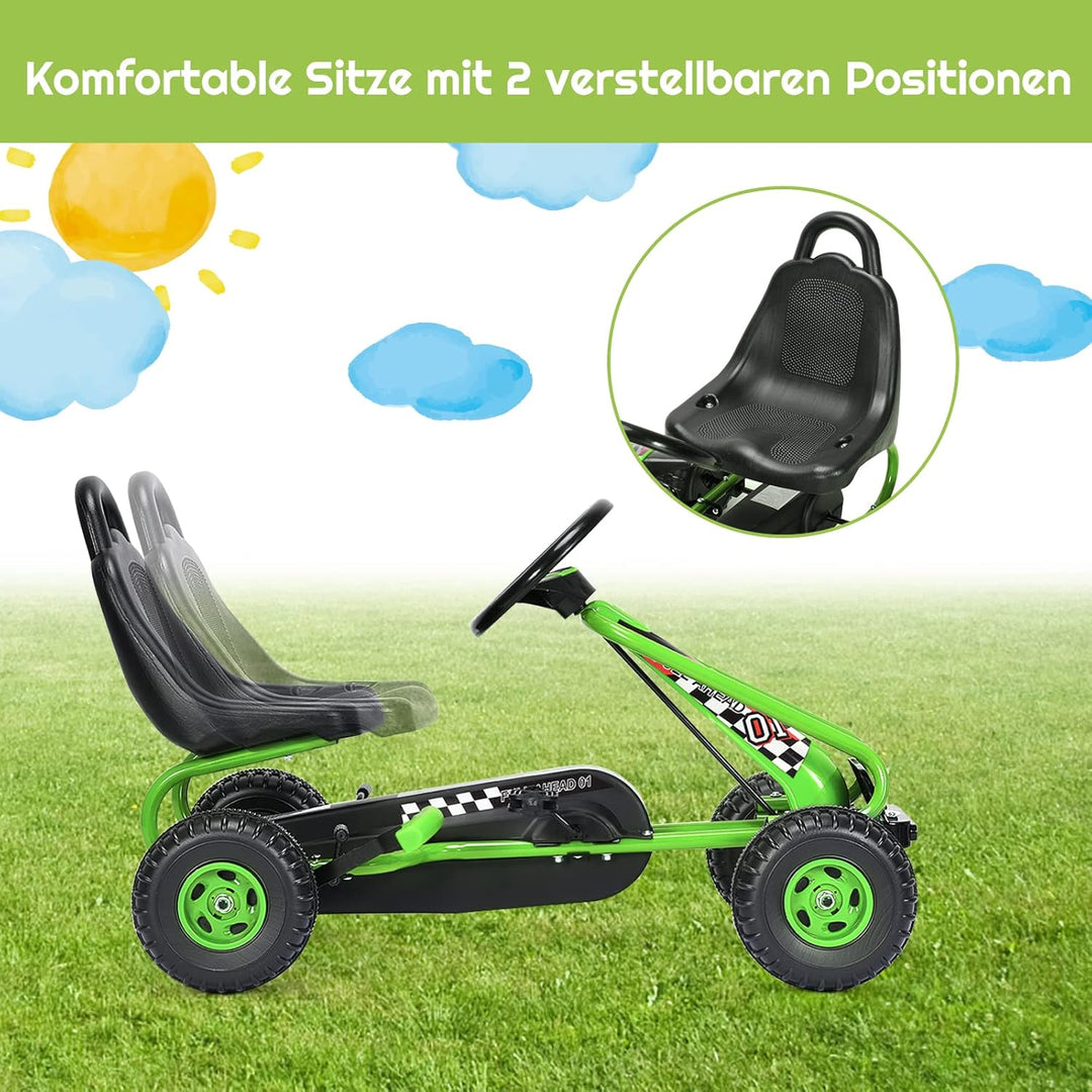 DREAMADE Gokart mit Handbremse & verstellbarem Sitz, Tretauto Tretfahrzeug mit geschlossenem Kettenk