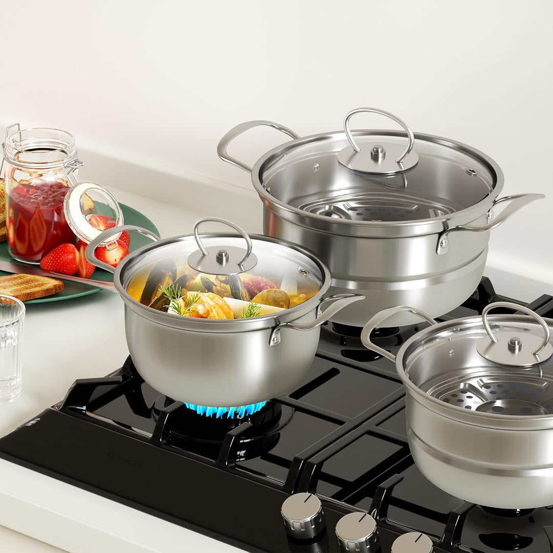 Topfset aus Edelstahl, Grosses Kochgeschirr Induktion-Kochtopf-Set, Töpfe mit Glasdeckel und Stielka