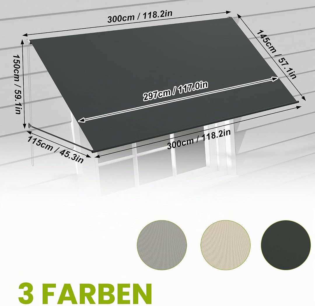 UISEBRT Fallarmmarkise Fenstermarkise einziehbar 300x145 cm, Balkonmarkise mit Kordel und Aluminium